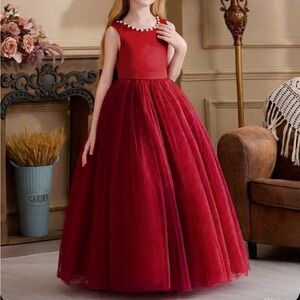 #124 Youth Red scoop neck lined with faux pearls sleeveless dress-12Y
